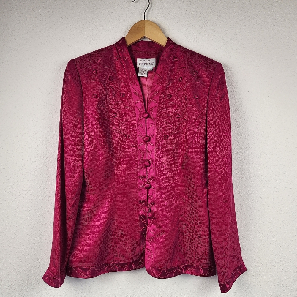 Adrianna Papell Women Magenta 100% Silk Embroidered Collar Jacket Blazer Vtg 6